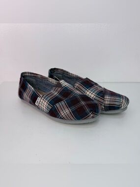 Toms Plaid Canvas Slip-Ons - Burgundy, Blue & Cream
